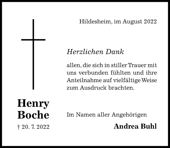 Traueranzeige von Henry Boche von Hildesheimer Allgemeine Zeitung