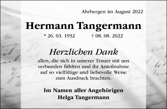 Traueranzeige von Hermann Tangermann von Hildesheimer Allgemeine Zeitung