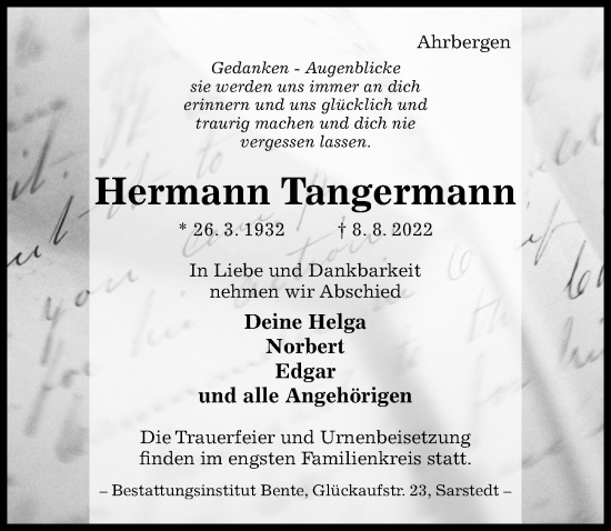 Traueranzeige von Hermann Tangermann von Hildesheimer Allgemeine Zeitung