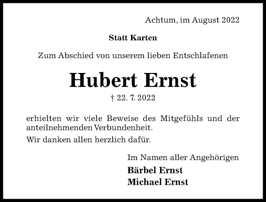 Traueranzeige von Hubert Ernst von Hildesheimer Allgemeine Zeitung