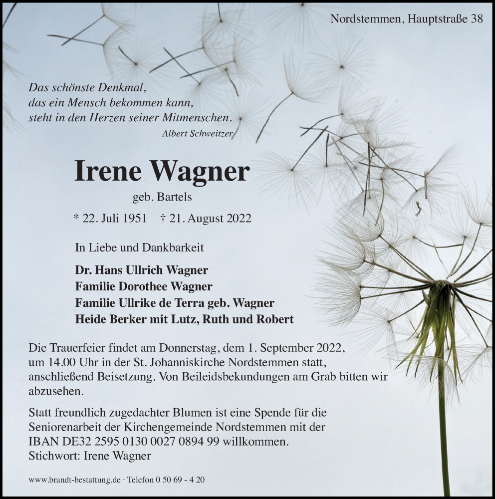  Traueranzeige für Irene Wagner vom 27.08.2022 aus Hildesheimer Allgemeine Zeitung