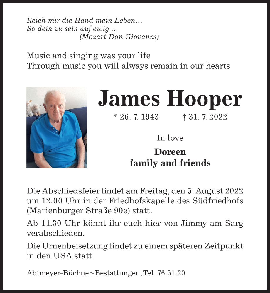  Traueranzeige für James Hooper vom 03.08.2022 aus Hildesheimer Allgemeine Zeitung