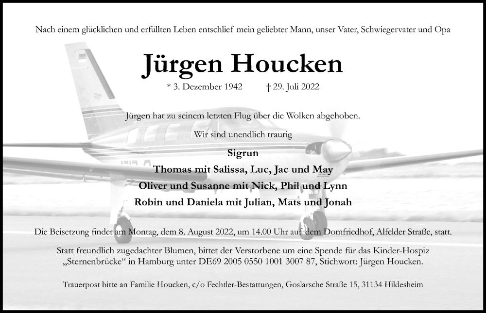  Traueranzeige für Jürgen Houcken vom 03.08.2022 aus Hildesheimer Allgemeine Zeitung