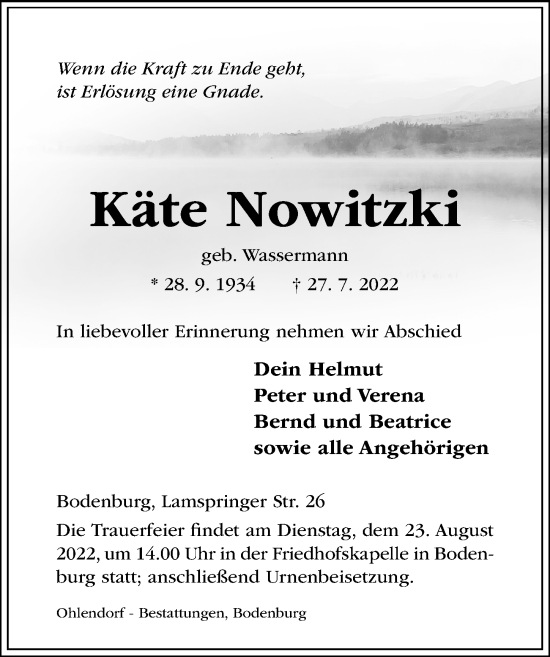 Traueranzeige von Käte Nowitzki von Hildesheimer Allgemeine Zeitung