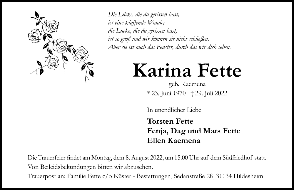  Traueranzeige für Karina Fette vom 03.08.2022 aus Hildesheimer Allgemeine Zeitung