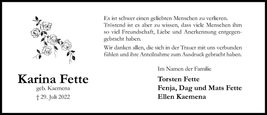 Traueranzeige von Karina Fette von Hildesheimer Allgemeine Zeitung