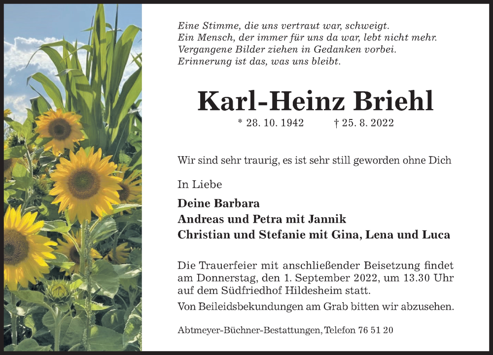  Traueranzeige für Karl-Heinz Briehl vom 30.08.2022 aus Hildesheimer Allgemeine Zeitung