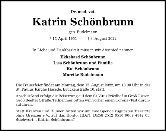 Traueranzeige von Katrin Schönbrunn von Hildesheimer Allgemeine Zeitung