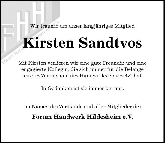 Traueranzeige von Kirsten Sandtvos von Hildesheimer Allgemeine Zeitung