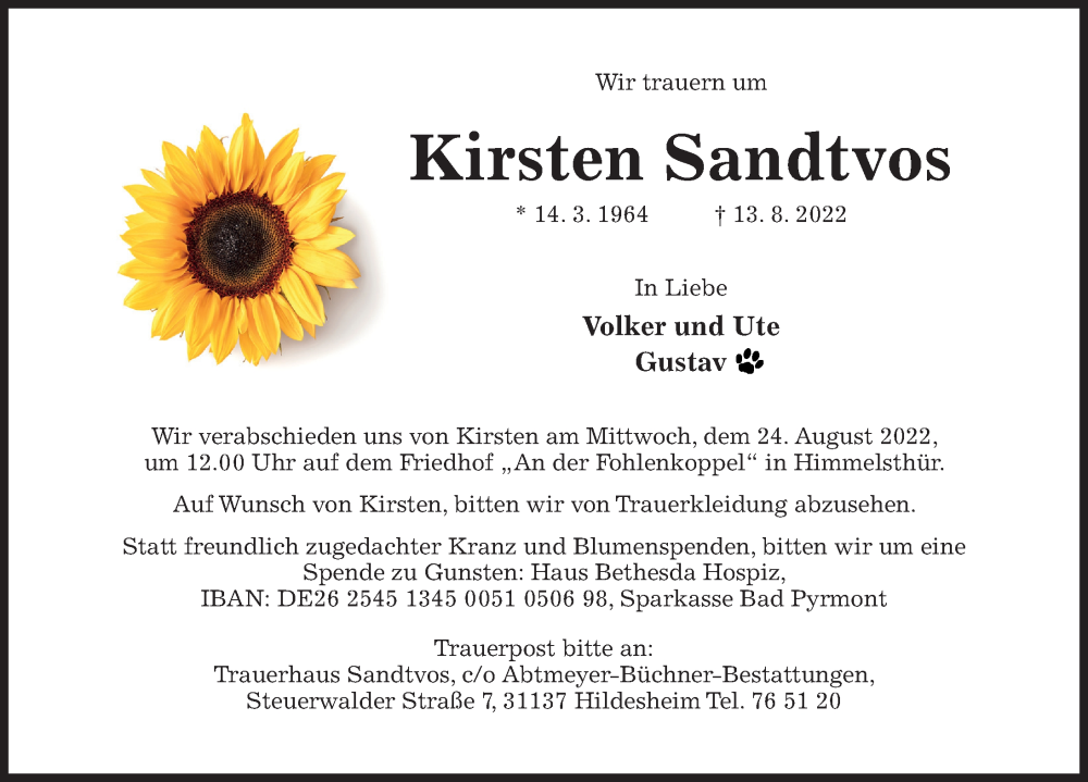  Traueranzeige für Kirsten Sandtvos vom 18.08.2022 aus Hildesheimer Allgemeine Zeitung