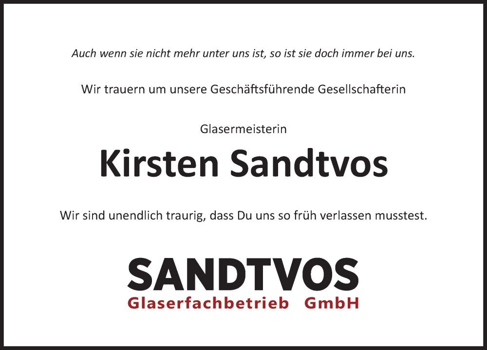  Traueranzeige für Kirsten Sandtvos vom 18.08.2022 aus Hildesheimer Allgemeine Zeitung