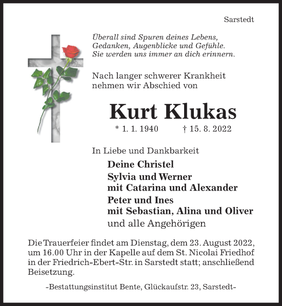 Traueranzeige von Kurt Klukas von Hildesheimer Allgemeine Zeitung
