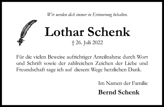 Traueranzeige von Lothar Schenk von Hildesheimer Allgemeine Zeitung