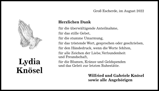 Traueranzeige von Lydia Knösel von Hildesheimer Allgemeine Zeitung