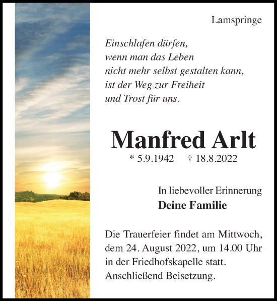 Traueranzeige von Manfred Arlt von Hildesheimer Allgemeine Zeitung