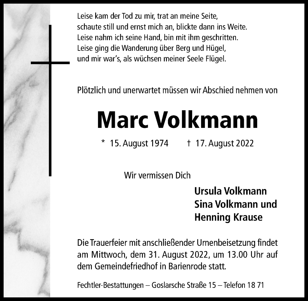  Traueranzeige für Marc Volkmann vom 27.08.2022 aus Hildesheimer Allgemeine Zeitung