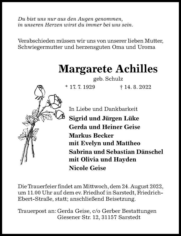  Traueranzeige für Margarete Achilles vom 20.08.2022 aus Hildesheimer Allgemeine Zeitung