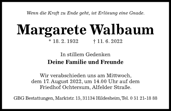 Traueranzeige von Margarete Walbaum von Hildesheimer Allgemeine Zeitung