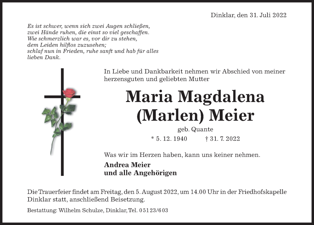 Traueranzeige für Maria Magdalena Meier vom 02.08.2022 aus Hildesheimer Allgemeine Zeitung