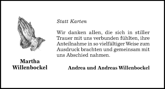 Traueranzeige von Martha Willenbockel von Hildesheimer Allgemeine Zeitung