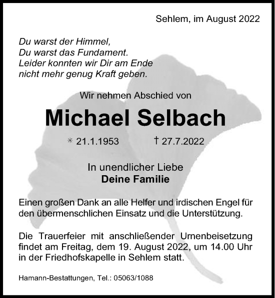 Traueranzeige von Michael Selbach von Hildesheimer Allgemeine Zeitung