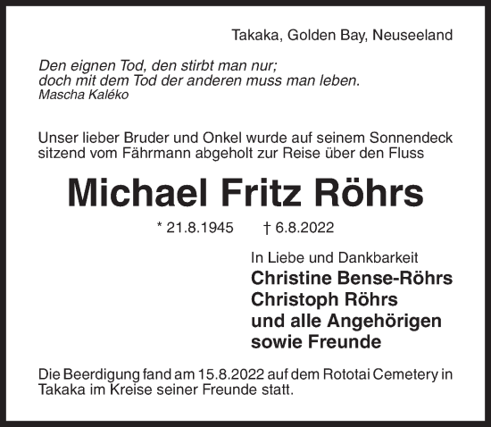 Traueranzeige von Michael Fritz Röhrs von Hildesheimer Allgemeine Zeitung