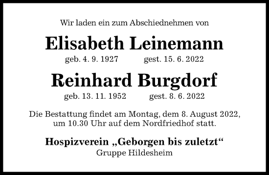 Traueranzeige von Reinhard Burgdorf von Hildesheimer Allgemeine Zeitung