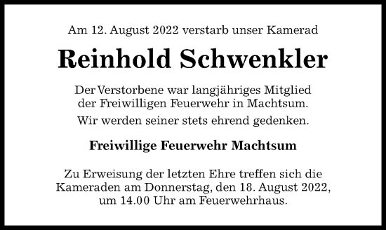 Traueranzeige von Reinhold Schwenkler von Hildesheimer Allgemeine Zeitung