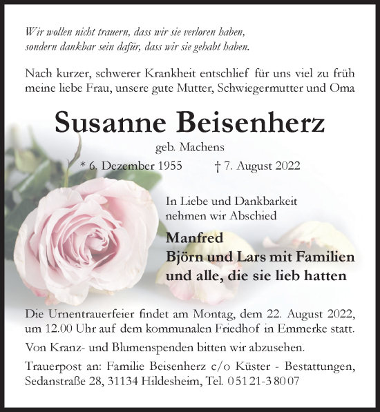 Traueranzeige von Susanne Beisenherz von Hildesheimer Allgemeine Zeitung