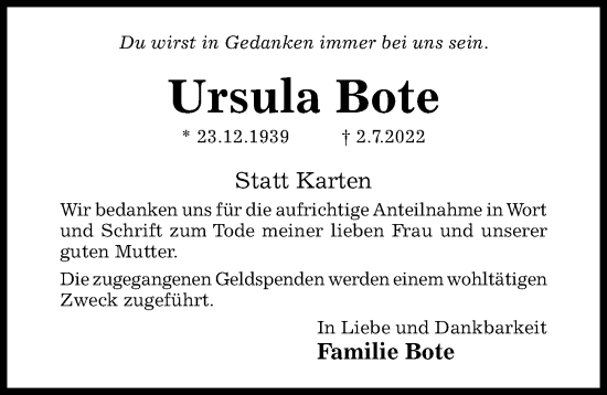 Traueranzeige von Ursula Bote von Hildesheimer Allgemeine Zeitung