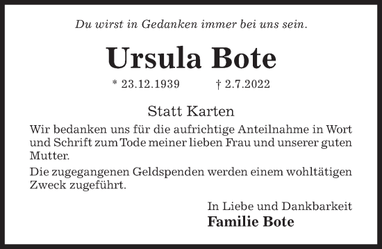 Traueranzeige von Ursula Bote von Hildesheimer Allgemeine Zeitung