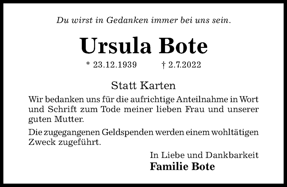  Traueranzeige für Ursula Bote vom 06.08.2022 aus Hildesheimer Allgemeine Zeitung