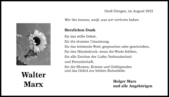 Traueranzeige von Walter Marx von Hildesheimer Allgemeine Zeitung