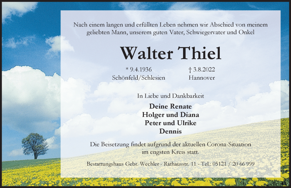  Traueranzeige für Walter Thiel vom 06.08.2022 aus Hildesheimer Allgemeine Zeitung