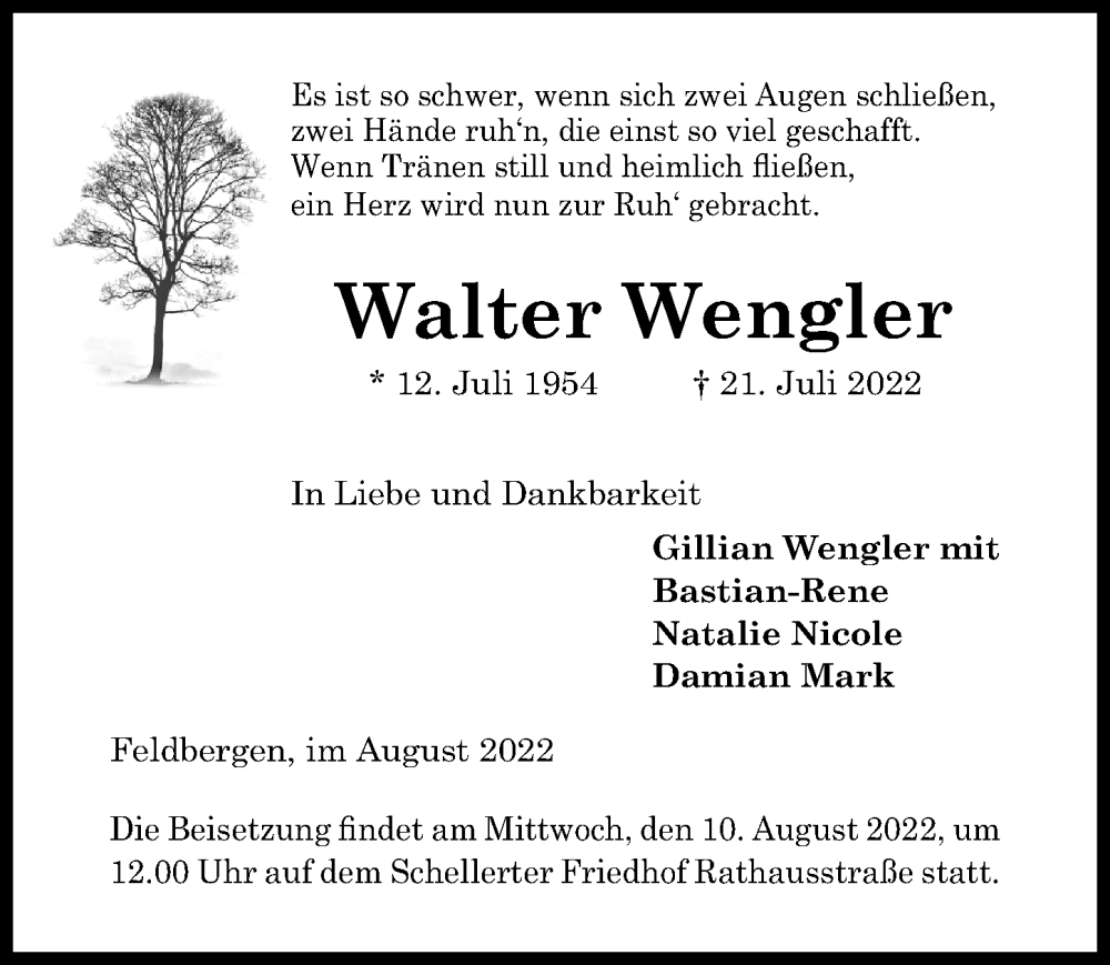  Traueranzeige für Walter Wengler vom 08.08.2022 aus Hildesheimer Allgemeine Zeitung