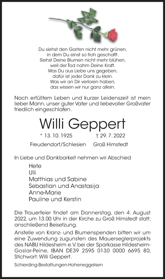 Traueranzeige von Willi Geppert von Hildesheimer Allgemeine Zeitung