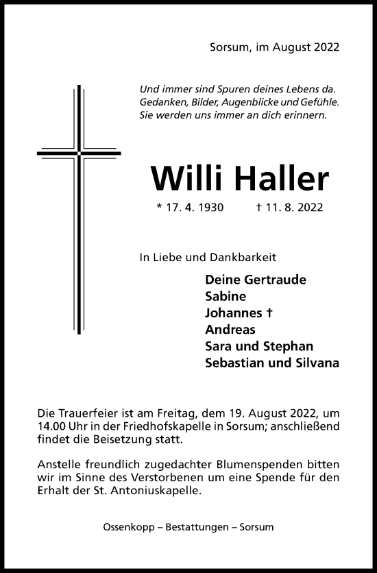 Traueranzeige von Willi Haller von Hildesheimer Allgemeine Zeitung