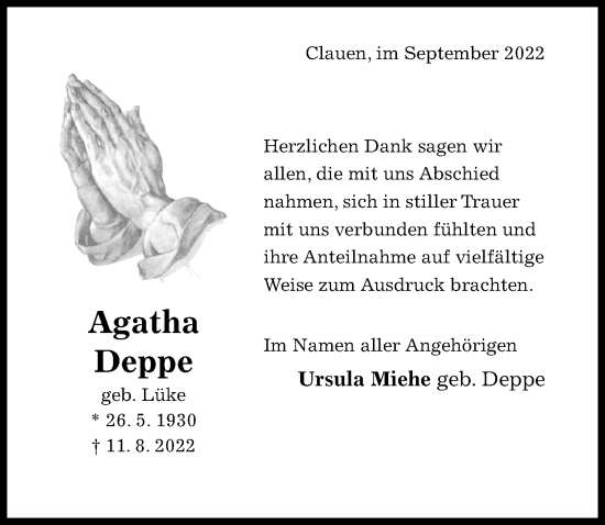 Traueranzeige von Agatha Deppe von Hildesheimer Allgemeine Zeitung