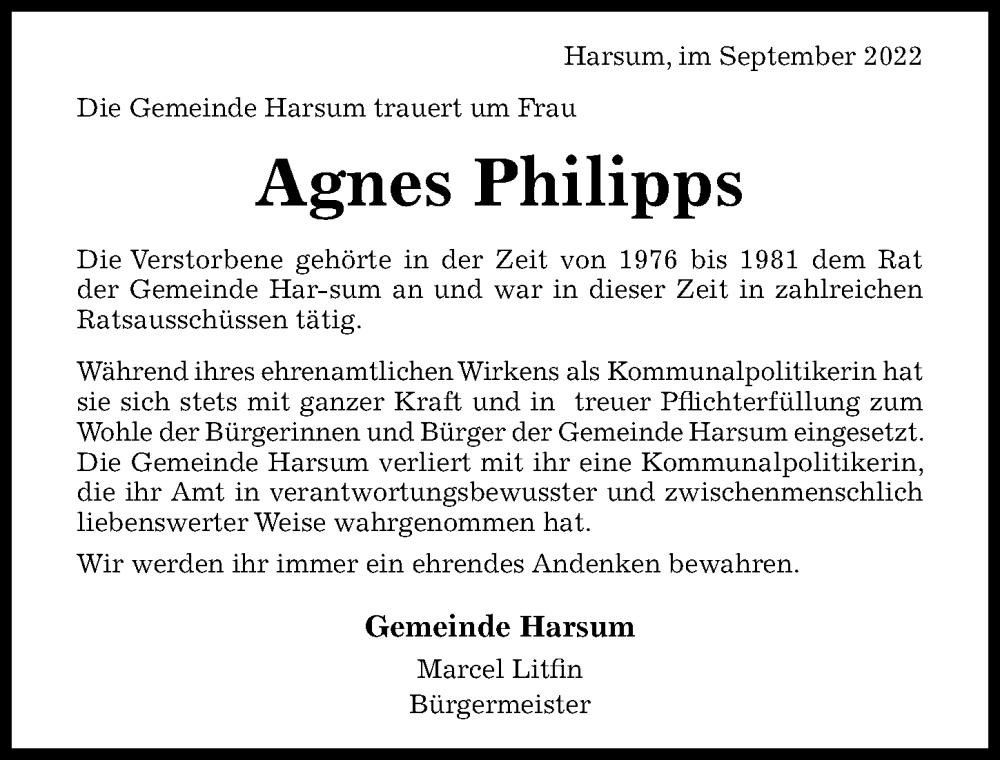  Traueranzeige für Agnes Philipps vom 23.09.2022 aus Hildesheimer Allgemeine Zeitung