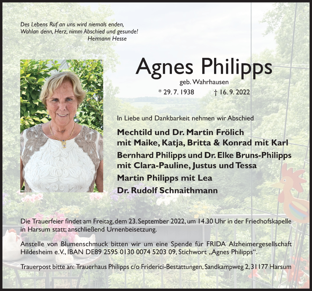  Traueranzeige für Agnes Philipps vom 21.09.2022 aus Hildesheimer Allgemeine Zeitung