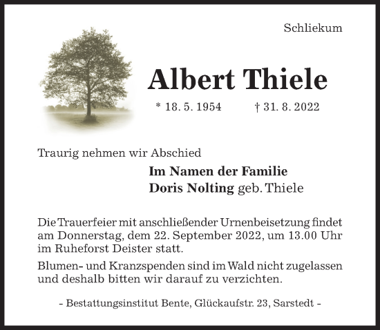 Traueranzeige von Albert Thiele von Hildesheimer Allgemeine Zeitung