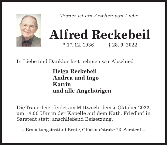 Traueranzeige von Alfred Reckebeil von Hildesheimer Allgemeine Zeitung