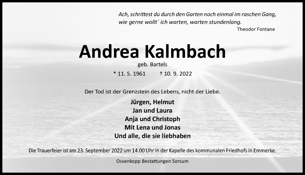  Traueranzeige für Andrea Kalmbach vom 17.09.2022 aus Hildesheimer Allgemeine Zeitung