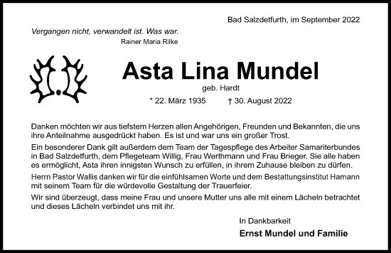 Traueranzeige von Asta Lina Mundel von Hildesheimer Allgemeine Zeitung