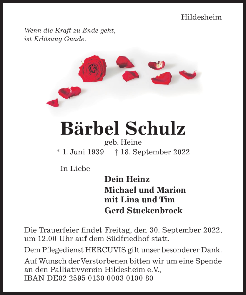  Traueranzeige für Bärbel Schulz vom 23.09.2022 aus Hildesheimer Allgemeine Zeitung