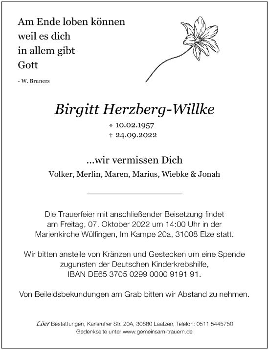 Traueranzeige von Birgitt Herzberg-Willke von Hildesheimer Allgemeine Zeitung