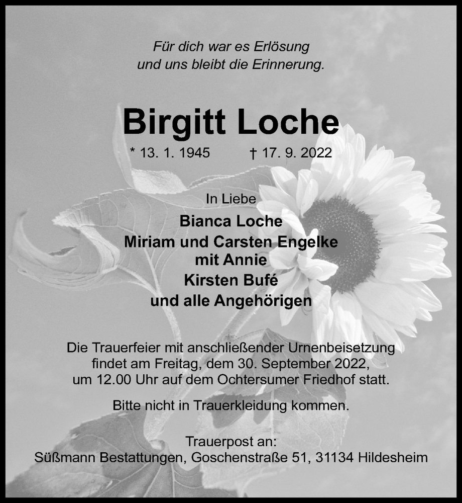  Traueranzeige für Birgitt Loche vom 21.09.2022 aus Hildesheimer Allgemeine Zeitung
