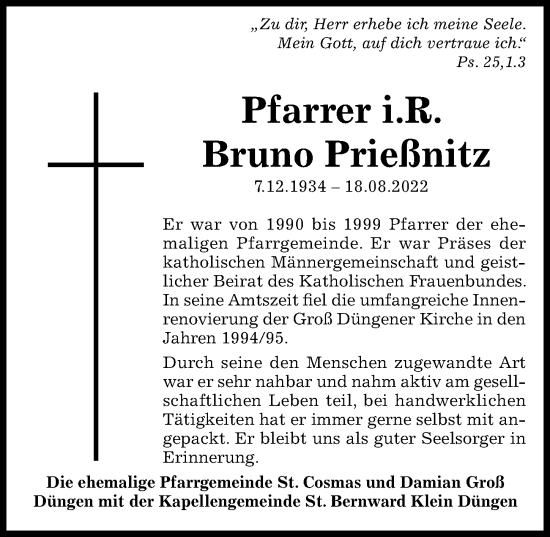 Traueranzeige von Bruno Prießnitz von Hildesheimer Allgemeine Zeitung