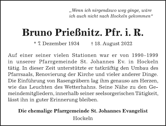 Traueranzeige von Bruno Prießnitz von Hildesheimer Allgemeine Zeitung