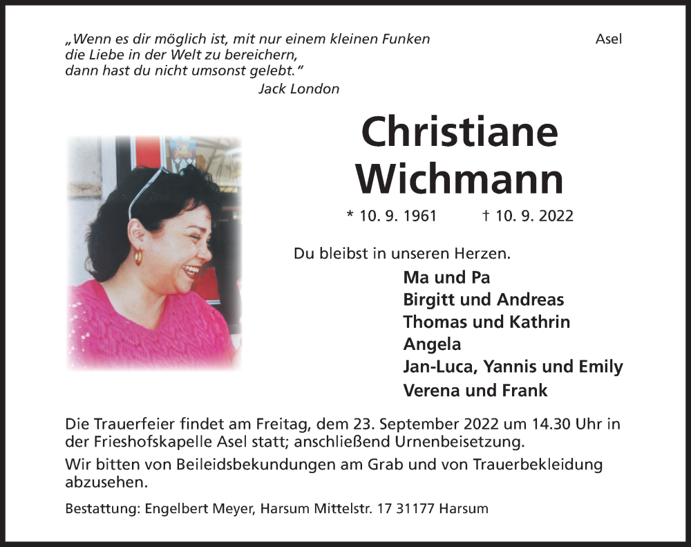  Traueranzeige für Christiane Wichmann vom 20.09.2022 aus Hildesheimer Allgemeine Zeitung